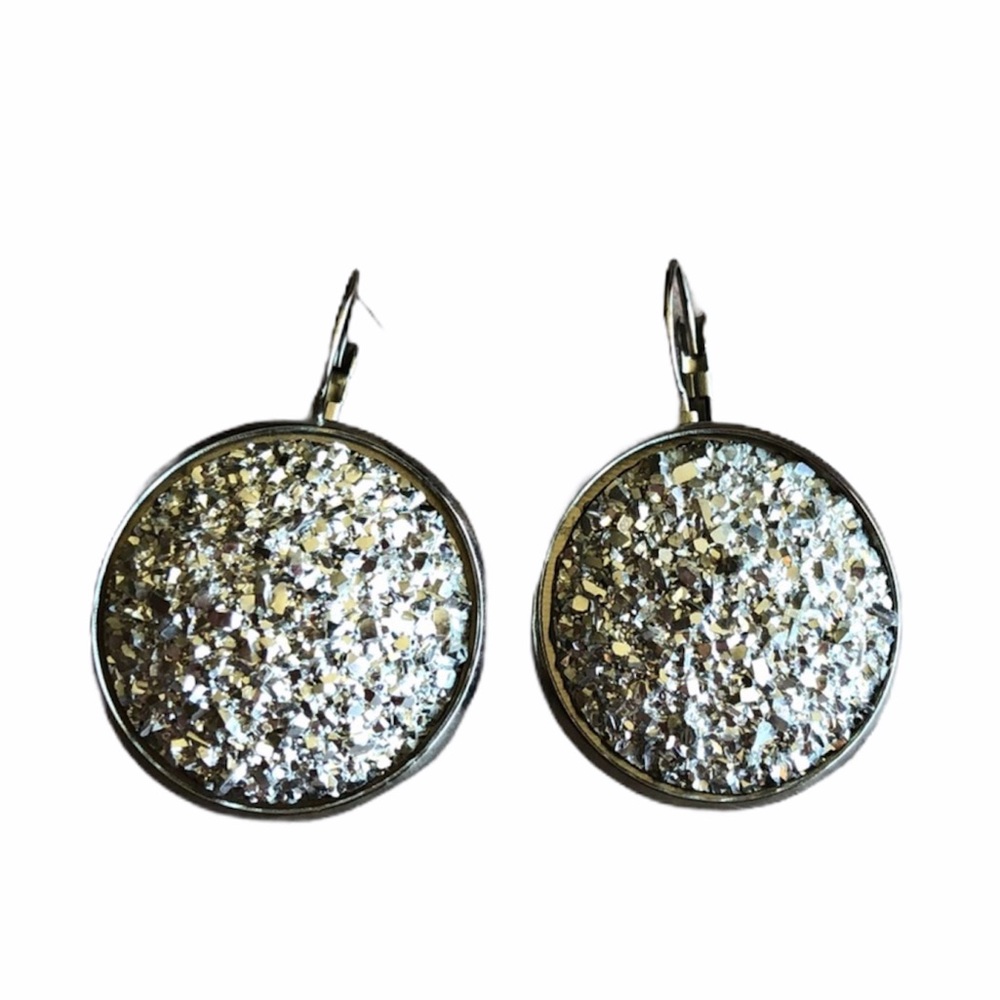 Silver Faux Druzy Stainless Steel Drop Earrings! - Picture 3 of 11